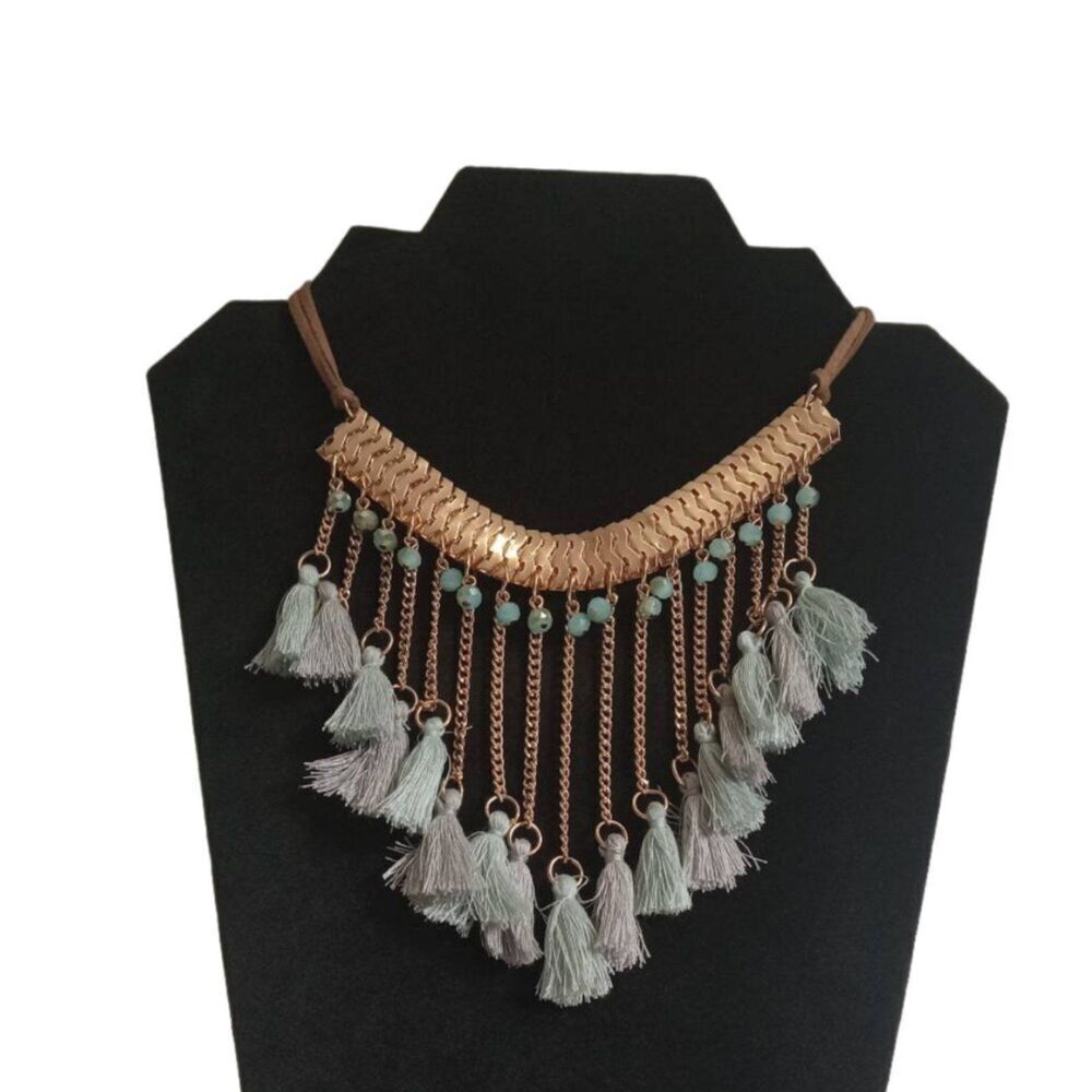 Light Blue & Gold Tone String Tassels Double Strand Bib Style Statement Necklace